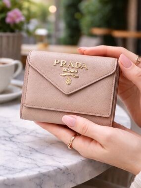 PRADA BEIGE SAFFIANO LEATHER COMPACT TRIFOLD WALLET LOGO ITALY AUTHENTIC